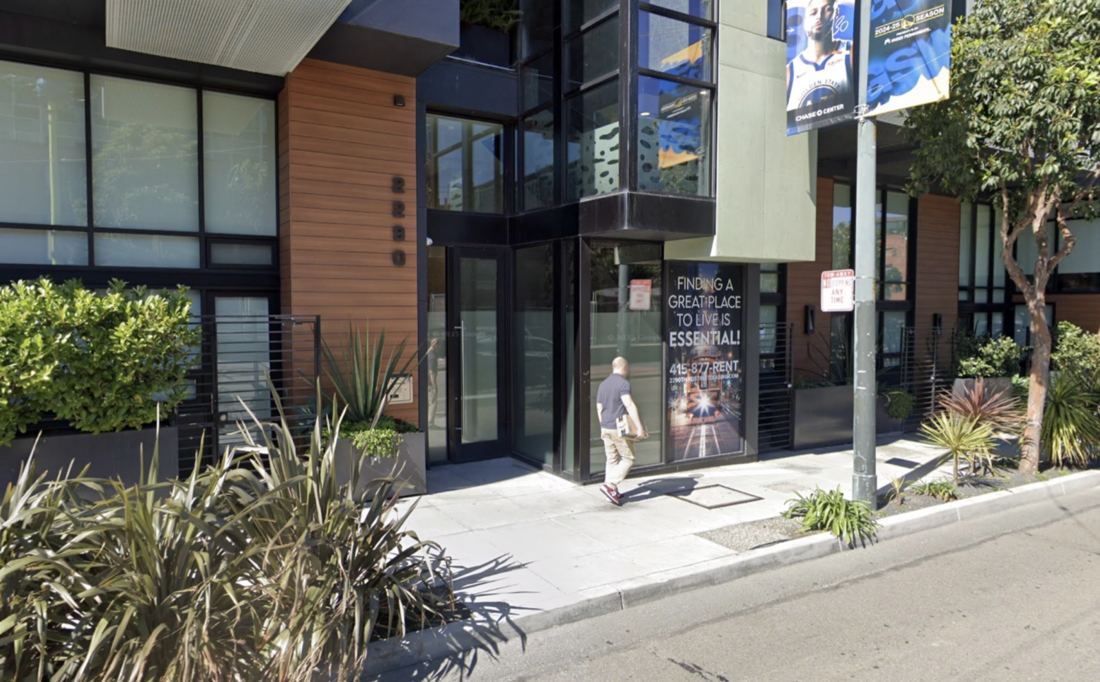 Street View of the 2290 3rd Street entrance: a glass door beside a wood panel with the numbers 2290, with the keypad mounted on the wall just left of the door