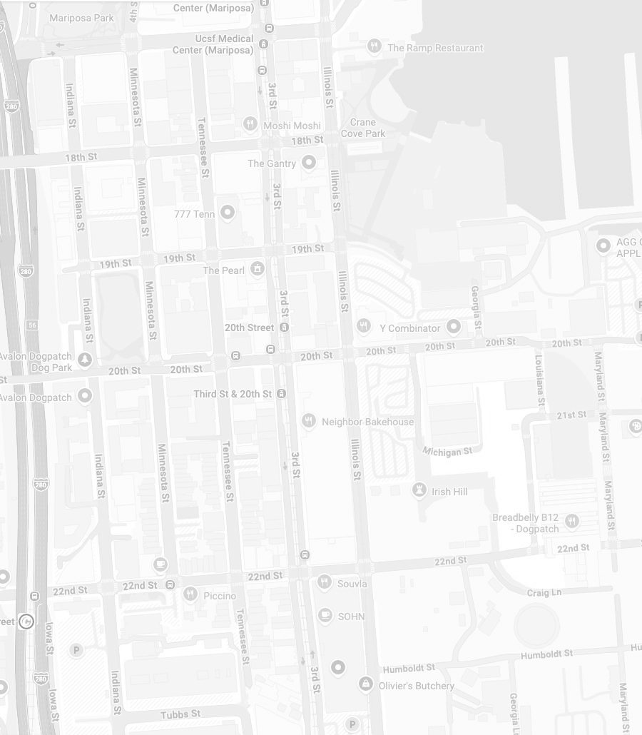 Map of Dogpatch with metered blocks highlighted along 3rd St, 20th St, 22nd St, Illinois St and Indiana St, and two paid lots marked